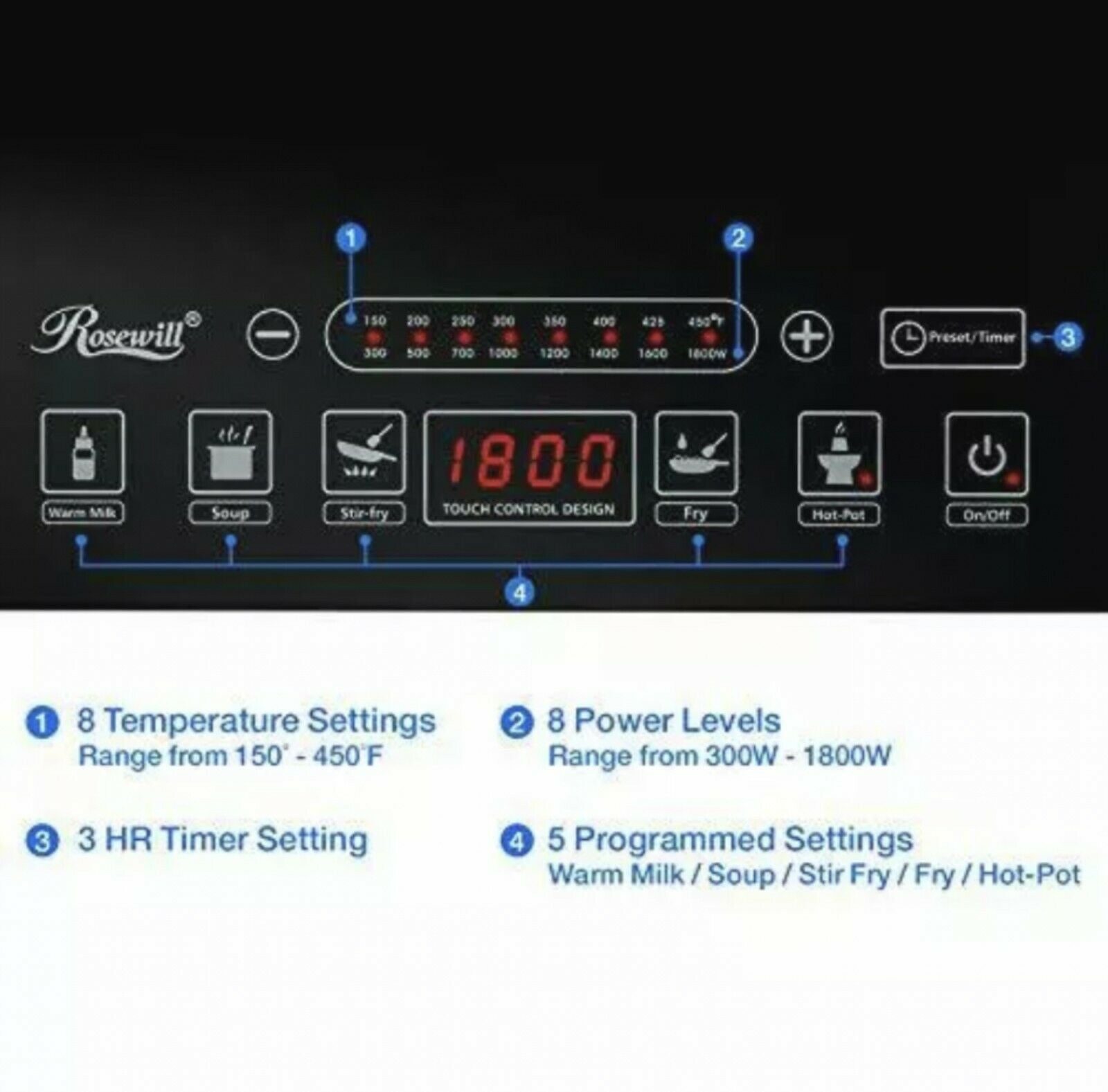 Induction Cooker 1800 Watt, Induction Cooktop 3.5 QT 18-8 RHAI-15001